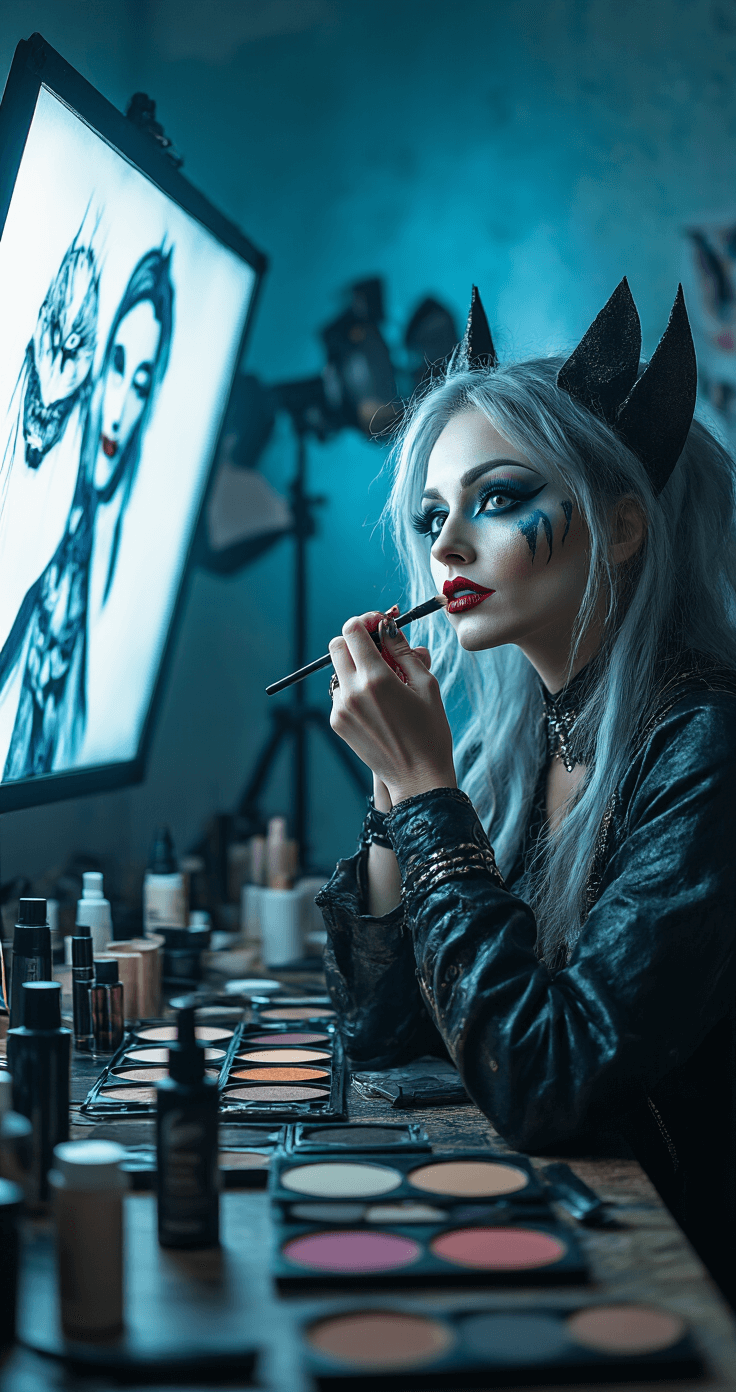 The Ultimate Guide to Cosplay Makeup: From Basics to Pro Techniques Medium shot of a cosplayer applying metallic special effects makeup in a stylish home studio, with a fantasy character mood board in the background. Professional lighting equipment and organized makeup stations surround them, featuring a prominently displayed Ben Nye Final Seal setting spray. The cool tones enhance the dramatic atmosphere of the transformation.