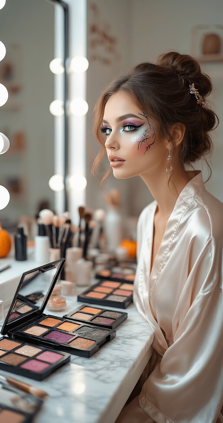 A bright makeup studio with a marble vanity displaying premium Halloween makeup products, featuring a model in a silk robe undergoing a beauty transformation. One side of her face is adorned with ethereal fairy makeup, highlighted with iridescent tones and painted vines, captured in close-up with visible texture details.