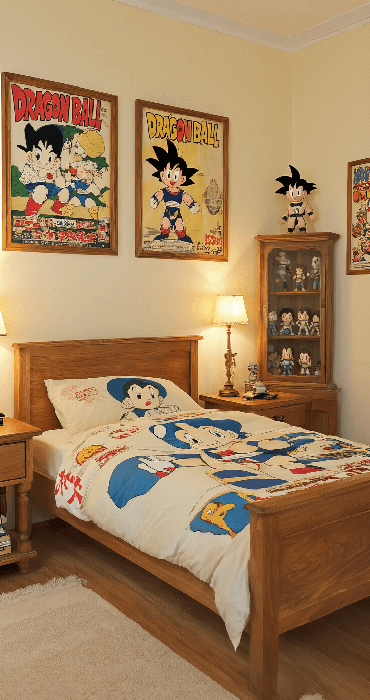 Anime Bedroom Makeover: Transform Your Space into an Otaku Paradise Vintage anime bedroom featuring cream walls adorned with 90s anime posters, a retro wooden bed with Astro Boy bedding, and an antique cabinet displaying Dragon Ball figurines, all illuminated by warm afternoon light.
