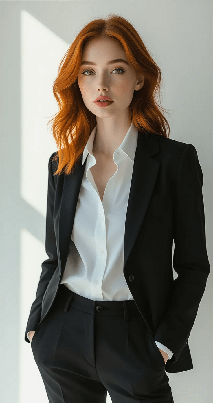 The Ultimate Guide to Nailing Your Makima Cosplay Look A professional model with cherry-red hair poses in a minimalist photography studio, wearing a black blazer, white shirt, and black slacks, against a white backdrop. Golden contact lenses reflect soft morning light, emphasizing a corporate-chic aesthetic.