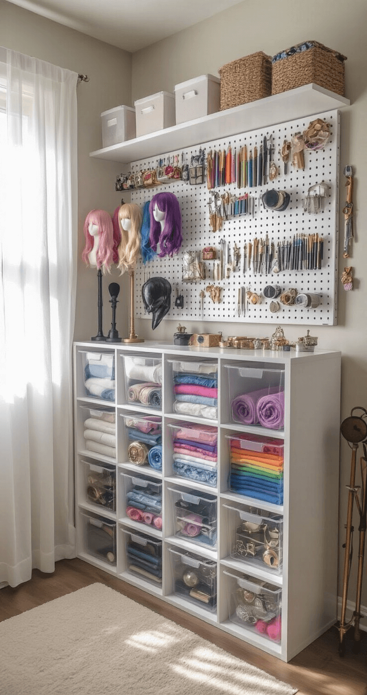 Cosplay storage corner with white cube organizers filled with wigs, rolled fabrics, and prop accessories, a wall-mounted pegboard with rainbow-organized crafting tools, soft light from sheer curtains, and clear acrylic bins for small accessories. Minimalist aesthetic with jewel-toned fabrics and metallic tools.