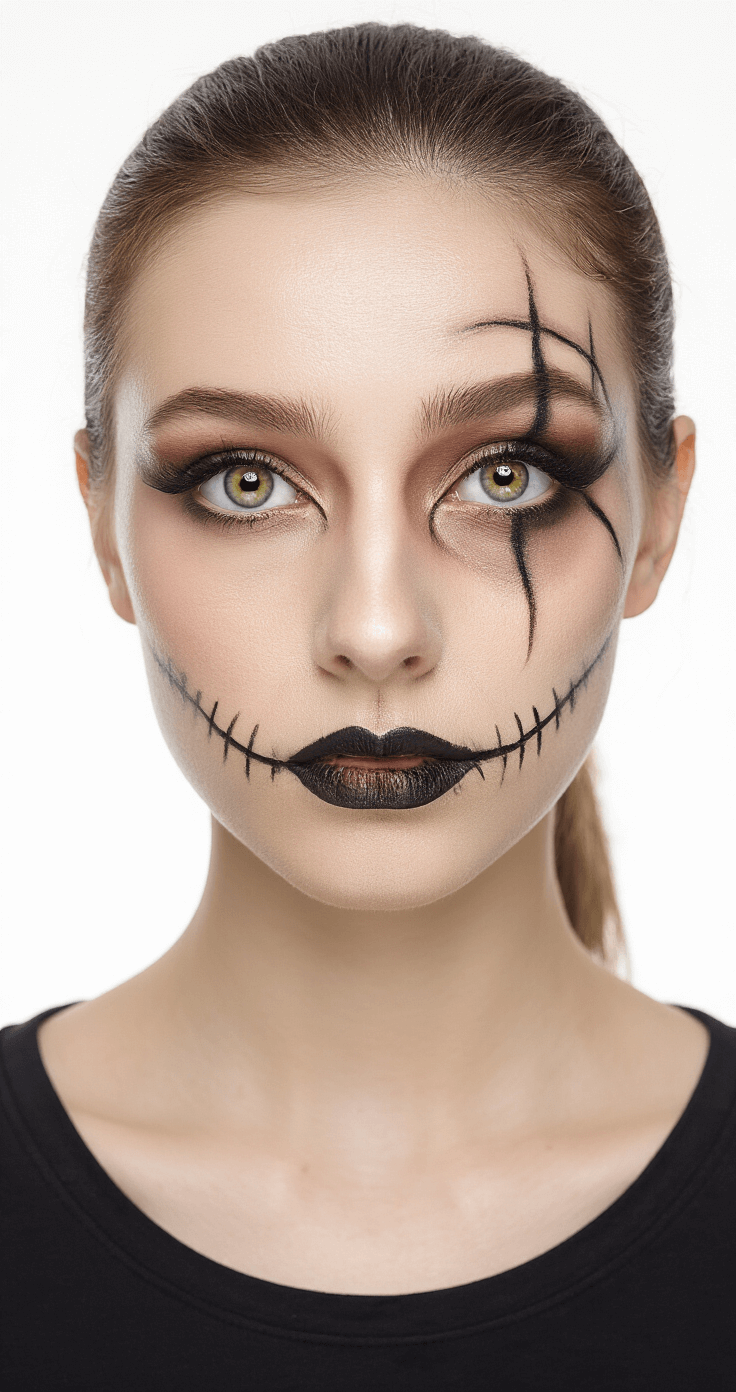 Unique Halloween Costumes That'll Make You Stand Out This Year Close-up of a model's half face showcasing Halloween special effects makeup alongside natural makeup, lit by professional ring light on a clean white background, with intricate details highlighted by macro lens.