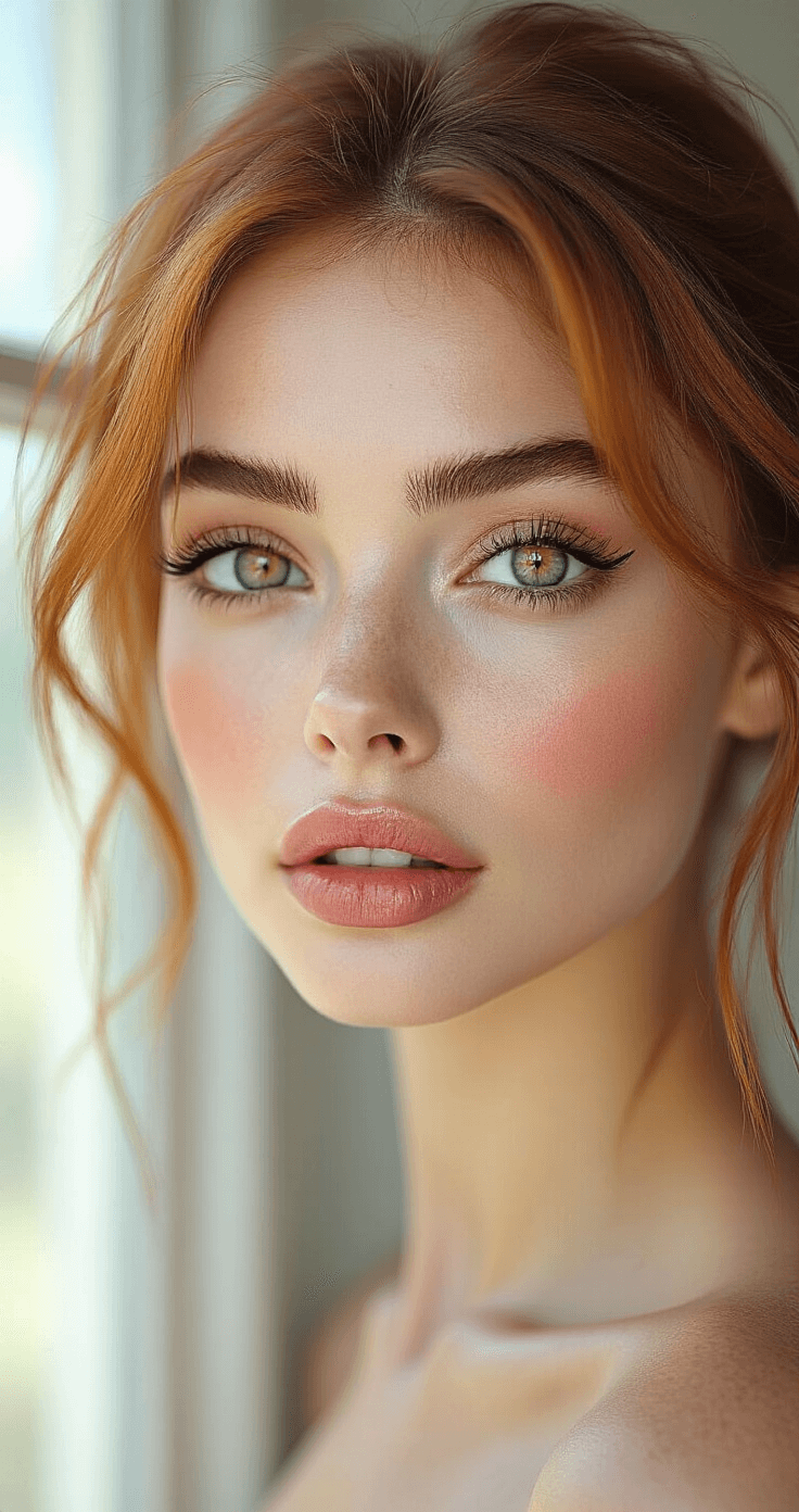 The Ultimate Guide to Nailing Your Makima Cosplay Look Close-up beauty shot of a model with flawless matte foundation, subtle contouring, and precise winged eyeliner. Her golden eyes are framed by natural brows, and she has soft pink lips. Cherry-red hair enhances her features, captured in natural window light with a beautiful bokeh effect.