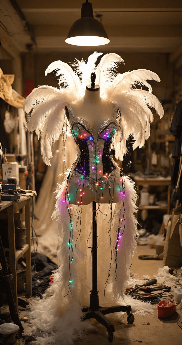 Unique Halloween Costumes That'll Make You Stand Out This Year Behind-the-scenes view of a costume workshop, showcasing a dress form with a partially completed showgirl costume adorned with feathers and LED strings. The space is illuminated with warm overhead lighting, and various tools and materials are thoughtfully arranged around the scene, captured with a wide-angle lens to highlight the creative process.