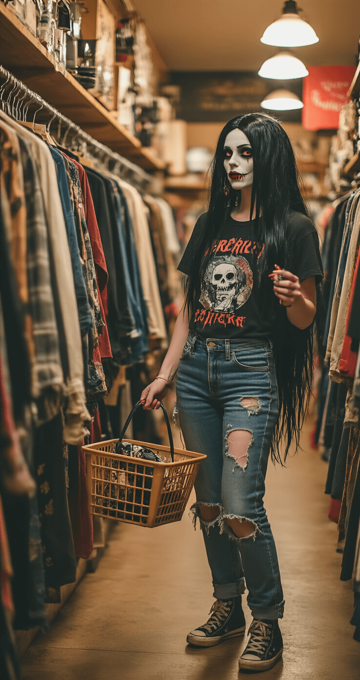 Dress to Impress: Your Ultimate Guide to Show-Stopping Cosplay Fashion A cosplayer browses a vintage thrift store, dressed in a half-completed Marceline costume with ripped jeans, a band tee, vampire fangs, and a long black wig. The warm spotlighting highlights the shopping basket filled with potential costume pieces, capturing the DIY costume creation process in a documentary-style photograph shot at f/1.8 for added depth.