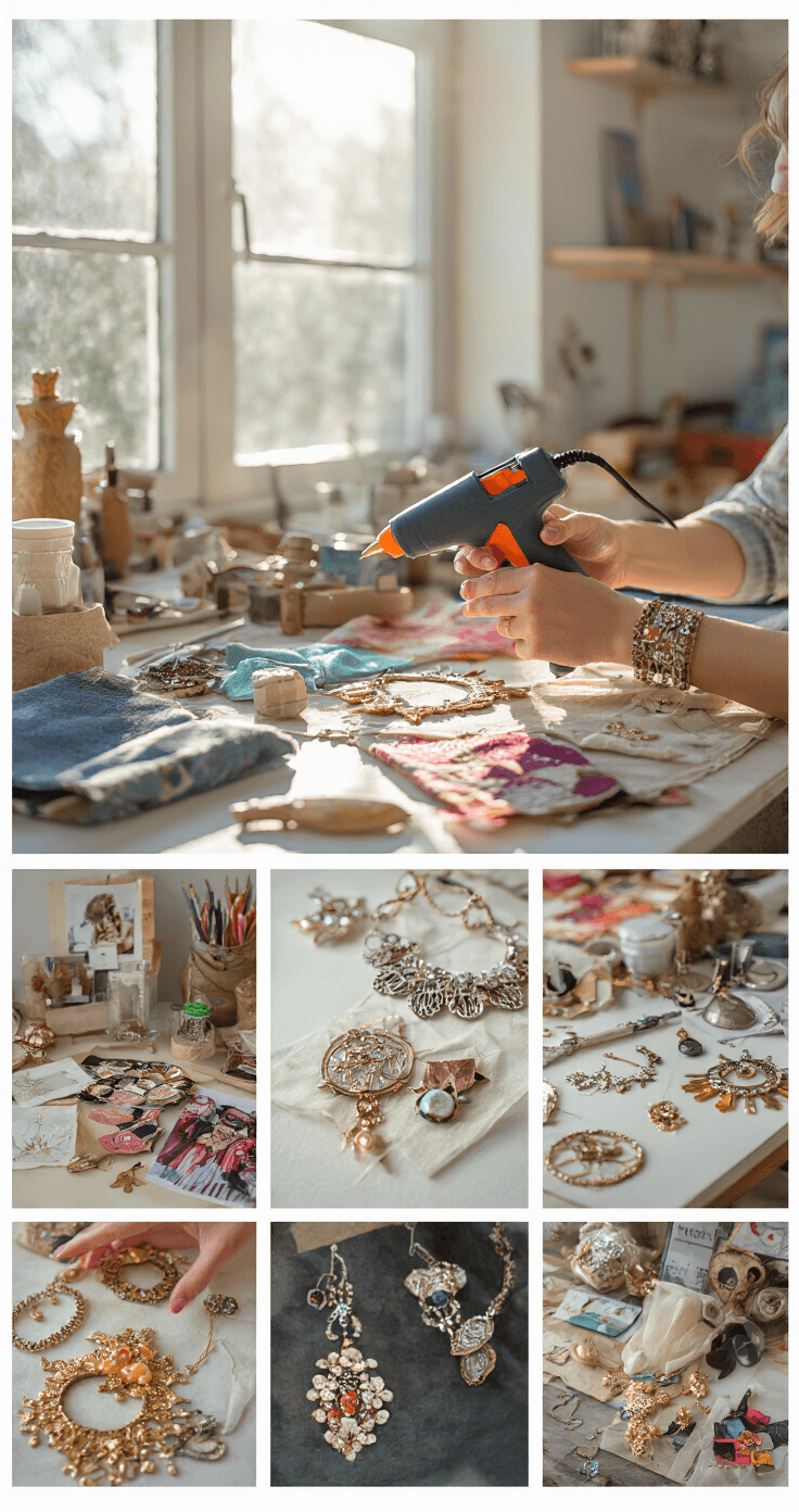 Dress to Impress: Your Ultimate Guide to Show-Stopping Cosplay Fashion Close-up of hands using a hot glue gun to create detailed costume accessories in a modern craft room filled with organized supplies, fabric scraps, and reference images, with afternoon sunlight illuminating custom jewelry pieces and props in progress.