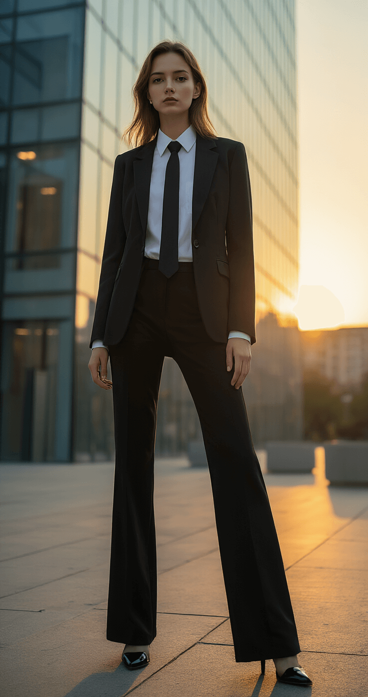 The Ultimate Guide to Nailing Your Makima Cosplay Look A model in a Makima outfit stands confidently in front of a modern glass building during golden hour, with a black tie and sharply cut blazer, captured in a low angle shot that highlights a powerful pose and warm sunset lighting.