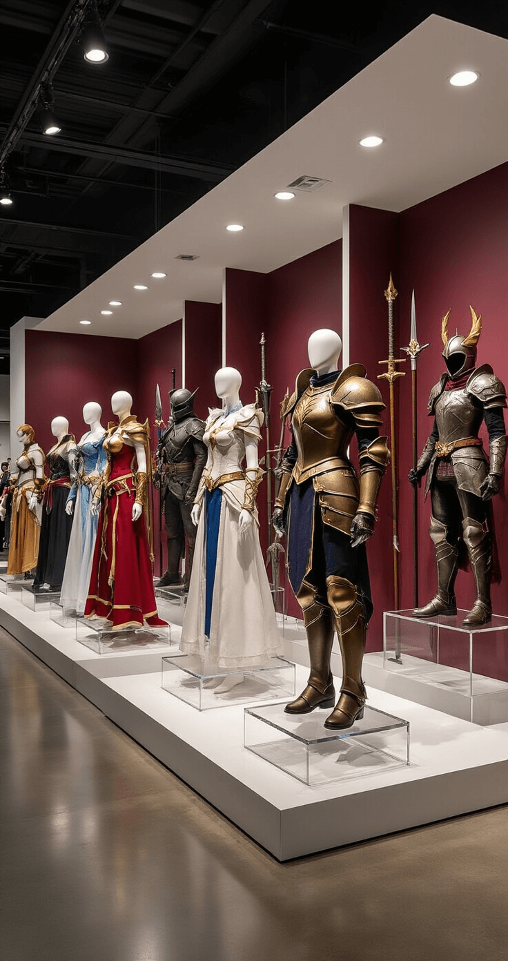 A dynamic cosplay display area featuring dress mannequins in elaborate costumes from various fandoms, illuminated by soft studio lighting. The scene highlights intricate armor, flowing fabrics, and detailed accessories against rich burgundy accent walls. Organized prop stands showcase weapons and magical items, with clear acrylic risers adding height variations. The polished concrete flooring enhances the gallery-like atmosphere, captured from a low angle to emphasize the artistry and craftsmanship of the costumes.