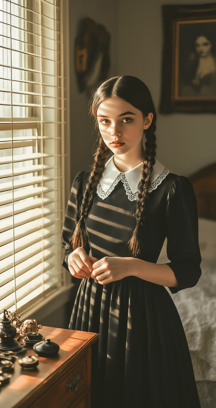 10 Quick and Easy Halloween Costumes Using Your Closet A young woman in a dimly lit urban bedroom styles a Wednesday Addams costume, featuring a knee-length black dress with a white peter pan collar. Her dark hair is braided in two plaits, and she adjusts the dress while golden hour sunlight filters through venetian blinds. A vintage wooden dresser adorned with gothic accessories is visible in the background, with a shallow depth of field emphasizing the intricate collar and braids.