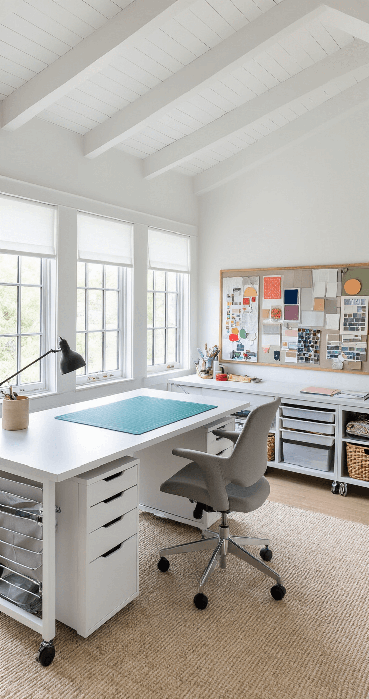A bright and airy craft command center with a large L-shaped desk, ergonomic chair, and ample storage solutions, featuring natural light from multiple windows and an inspiration mood board.