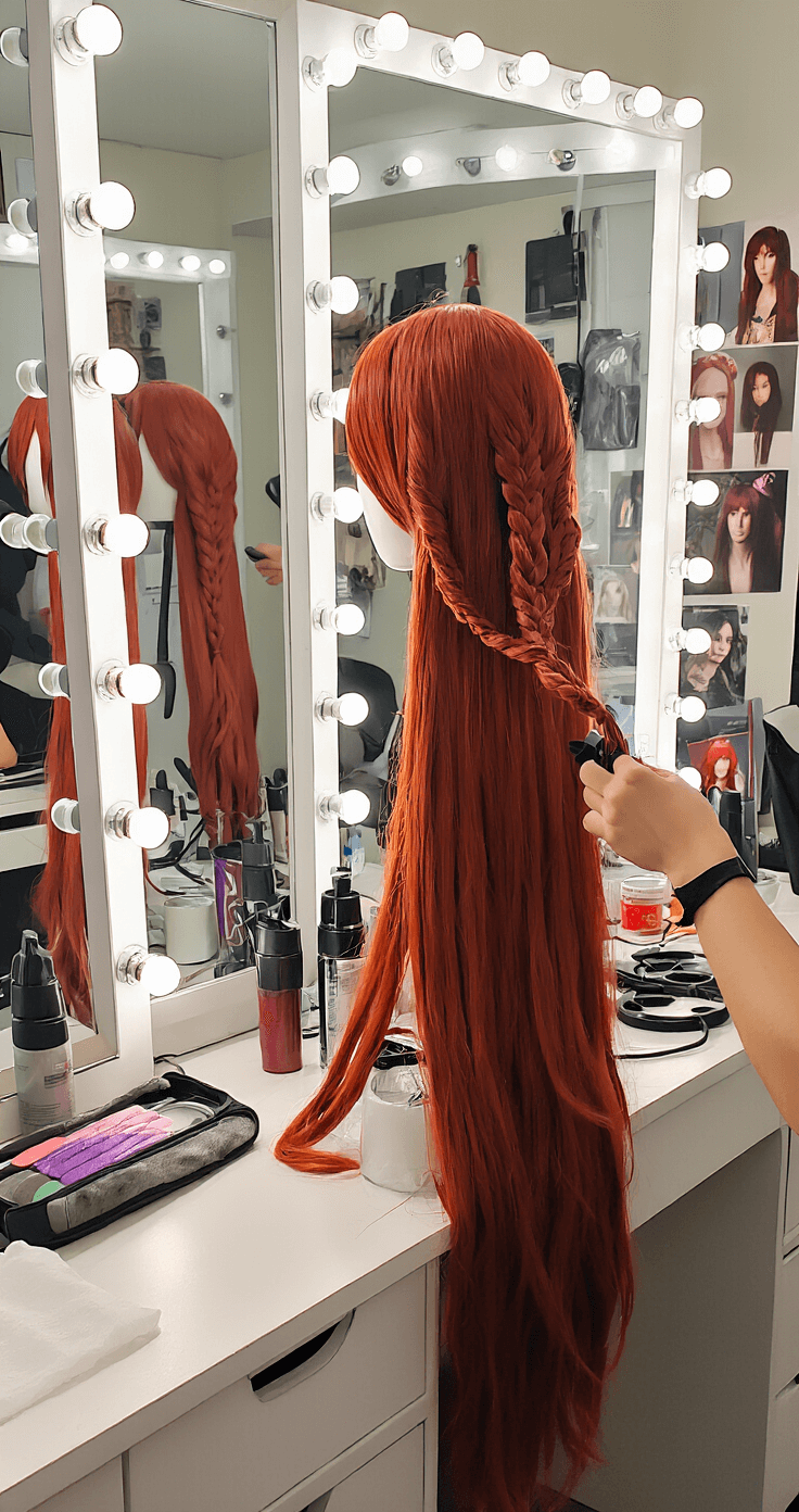 The Ultimate Guide to Nailing Your Makima Cosplay Look A detailed view of a professional dressing room where a long cherry-red wig is being meticulously braided, surrounded by organized styling tools, wig products, and character reference photos, emphasizing the behind-the-scenes process of cosplay preparation.