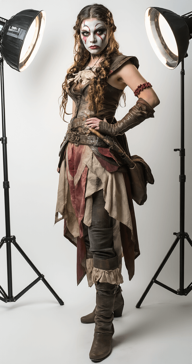 Dress to Impress: Your Ultimate Guide to Show-Stopping Cosplay Fashion A full-length shot of a character costume in a professional photo studio, featuring ring lights and a seamless background. The costume showcases layered elements, props, and intricate special effects makeup, with studio lighting highlighting the textures and details.