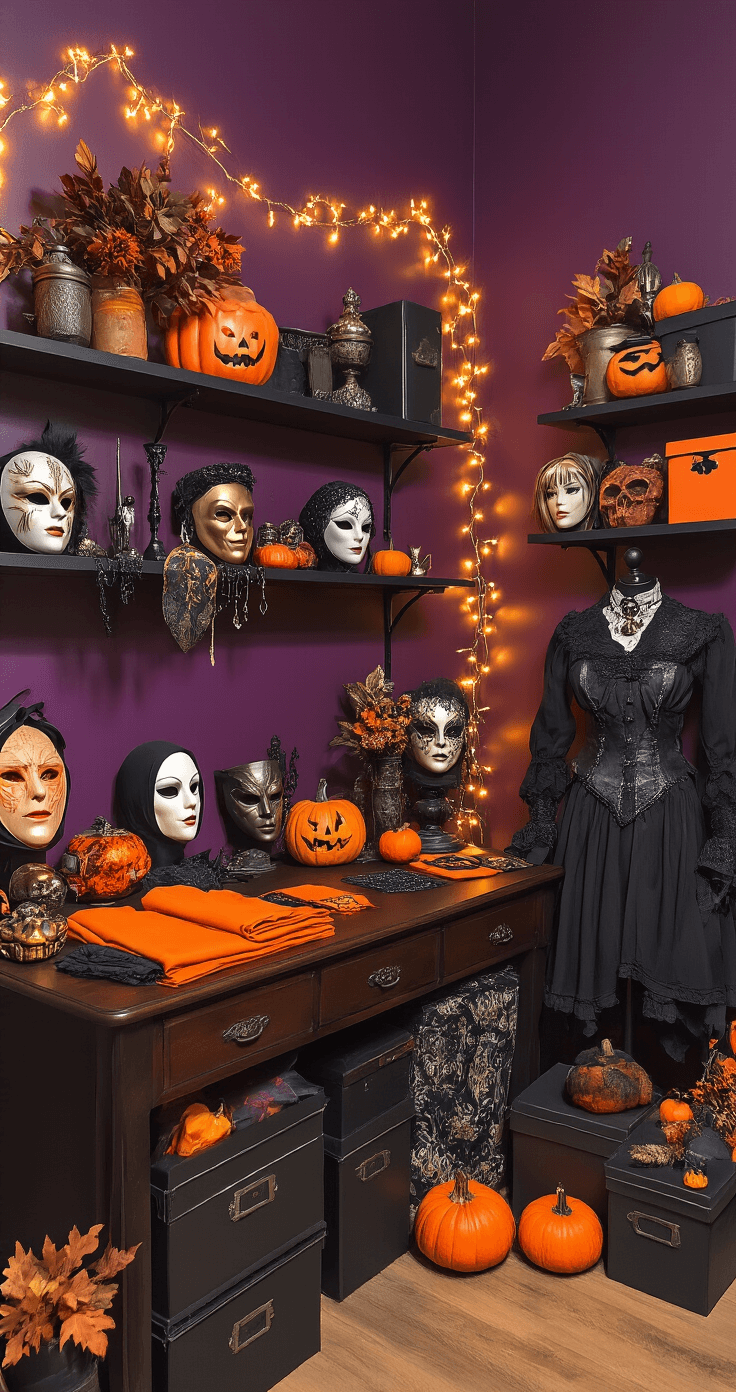 A cozy Halloween-themed cosplay corner featuring warm amber string lights, displays of masks and gothic accessories, and dark fantasy costumes on mannequins. A vintage wooden desk with pumpkin-colored fabric swatches and sketches is complemented by black and orange storage boxes on floating shelves, against deep purple walls. Dried autumn foliage and decorative pumpkins add charm, all captured in warm, moody lighting.