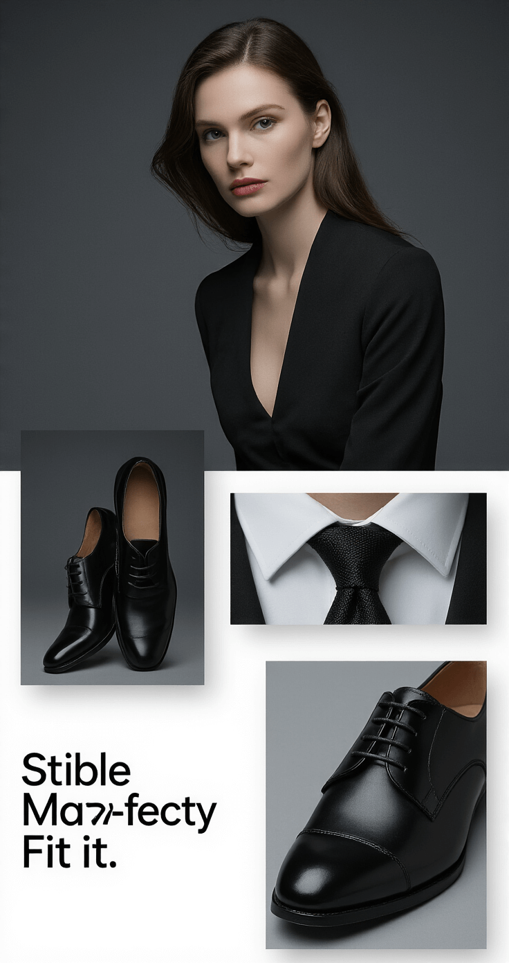 The Ultimate Guide to Nailing Your Makima Cosplay Look A full-body shot of a model styled in a polished black dress and accessories, featuring dramatic side lighting against a dark grey backdrop. The model, embodying Makima's characteristic slight smirk and commanding presence, showcases a precise fit of each garment, including polished black dress shoes and a perfectly knotted tie.