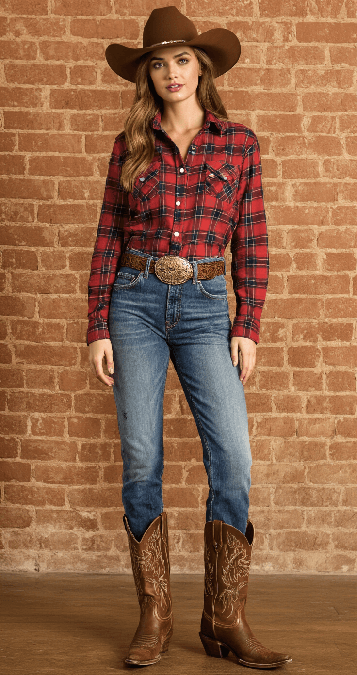 10 Quick and Easy Halloween Costumes Using Your Closet A woman confidently poses in a rustic-chic bedroom with an exposed brick wall, wearing a stylish cowgirl outfit: distressed high-waisted jeans tucked into worn leather boots, an authentic plaid flannel shirt, and a brown felt cowboy hat.