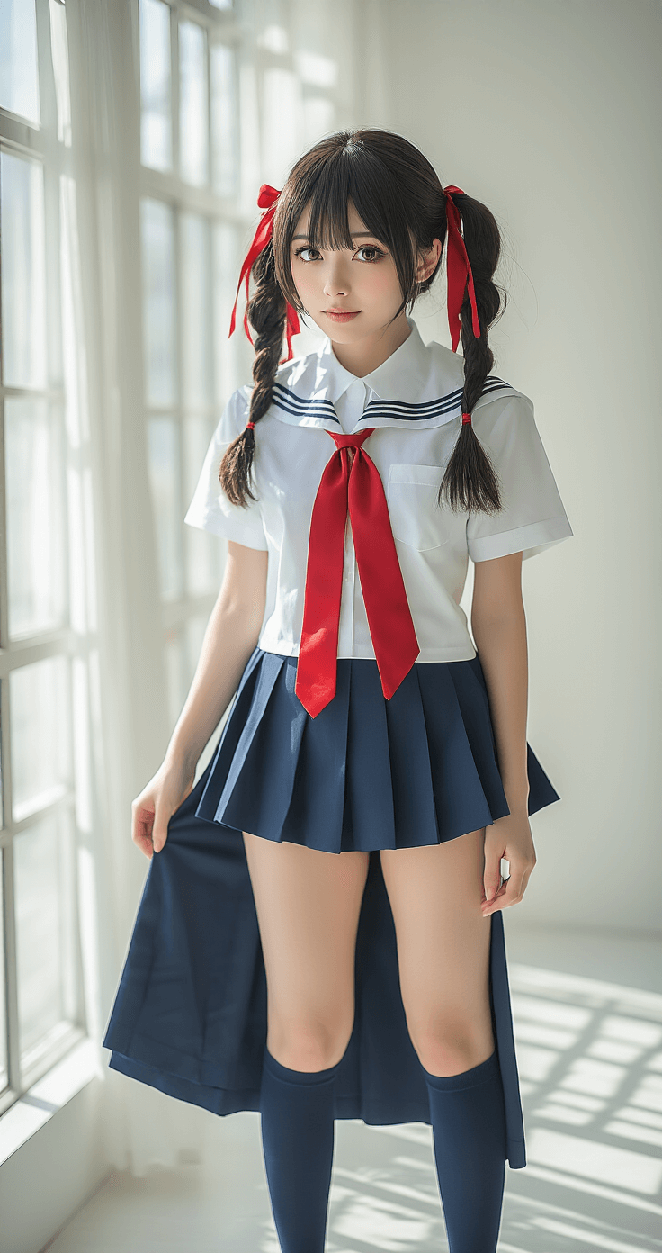 A female cosplayer in a classic Japanese school uniform stands in a bright photography studio, with soft natural light illuminating her navy blue pleated skirt and red silk tie. Her hair is styled in anime-inspired pigtails, accessorized with ribbons. The close-up shot captures the uniform's details against a pure white backdrop, enhanced by warm golden hour lighting.