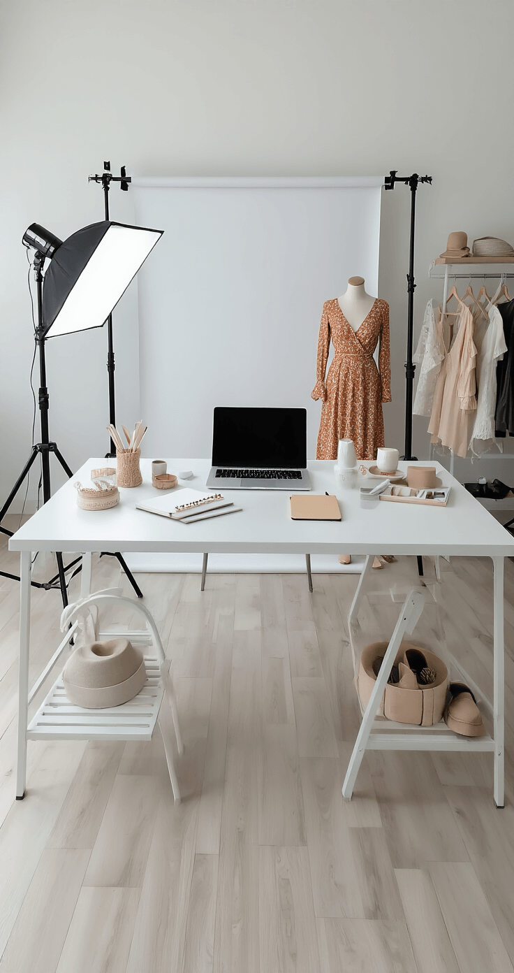 A minimalist content creator studio featuring a pristine white backdrop, professional photography setup, clean desk with a laptop and crafting supplies, mobile lighting kit with softboxes, seamless backdrop system, and styled props, all in neutral colors with pops of color from costumes, captured from a wide angle.