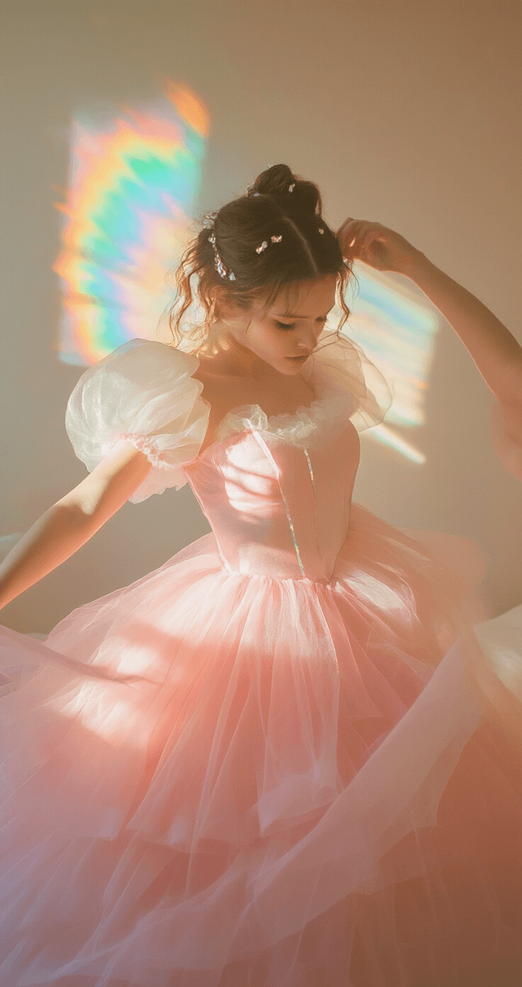 A young woman in a pastel-colored bedroom performs a magical girl transformation, wearing a pink tulle dress with puffy white sleeves and sparkly accessories. Late afternoon sunlight casts warm shadows, while rainbow prisms create a colorful backdrop. The shot, taken from a low angle with a 35mm lens, captures the ethereal movement of her flowing garments.