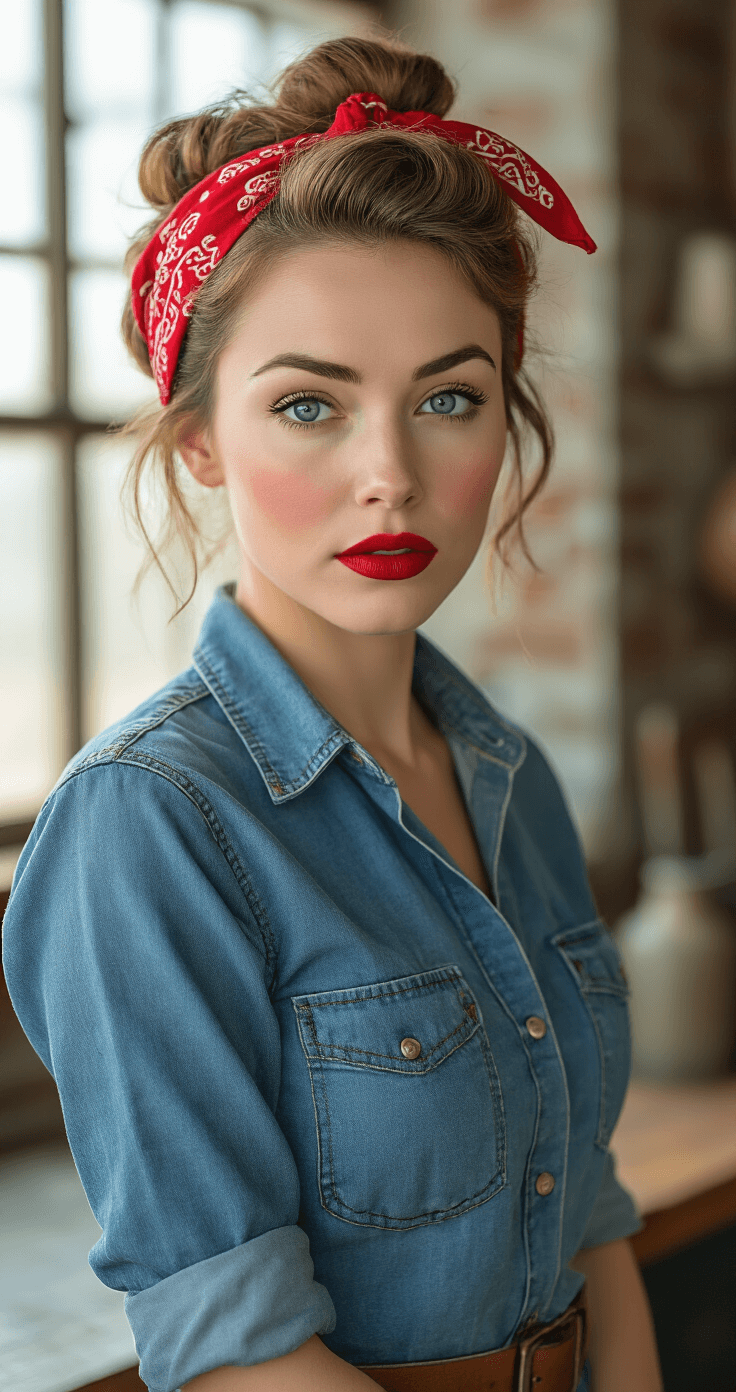 10 Quick and Easy Halloween Costumes Using Your Closet A determined woman in a fitted denim shirt and vibrant red bandana embodies the spirit of Rosie the Riveter in an industrial-style loft kitchen, illuminated by soft late afternoon light. Her vintage victory rolls hairstyle and bold red lipstick enhance her confident expression, captured from a slightly below angle with a color grading that emphasizes blues and reds.