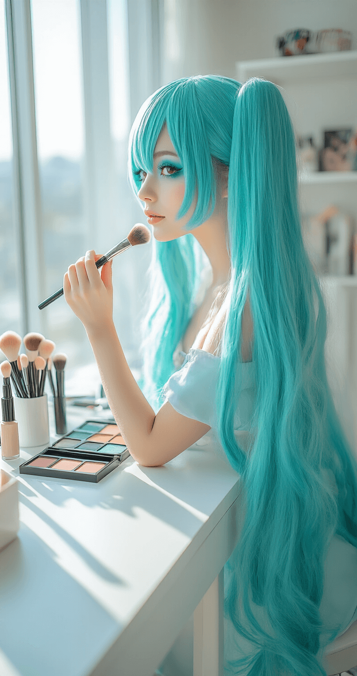 The Ultimate Hatsune Miku Cosplay: From Beginner to Pro A bright cosplay makeup studio with floor-to-ceiling windows, featuring a cosplayer at a white vanity applying teal eyeshadow while wearing a turquoise Miku wig. The vanity is organized with false lashes, colored contacts, and makeup brushes, illuminated by soft morning light.