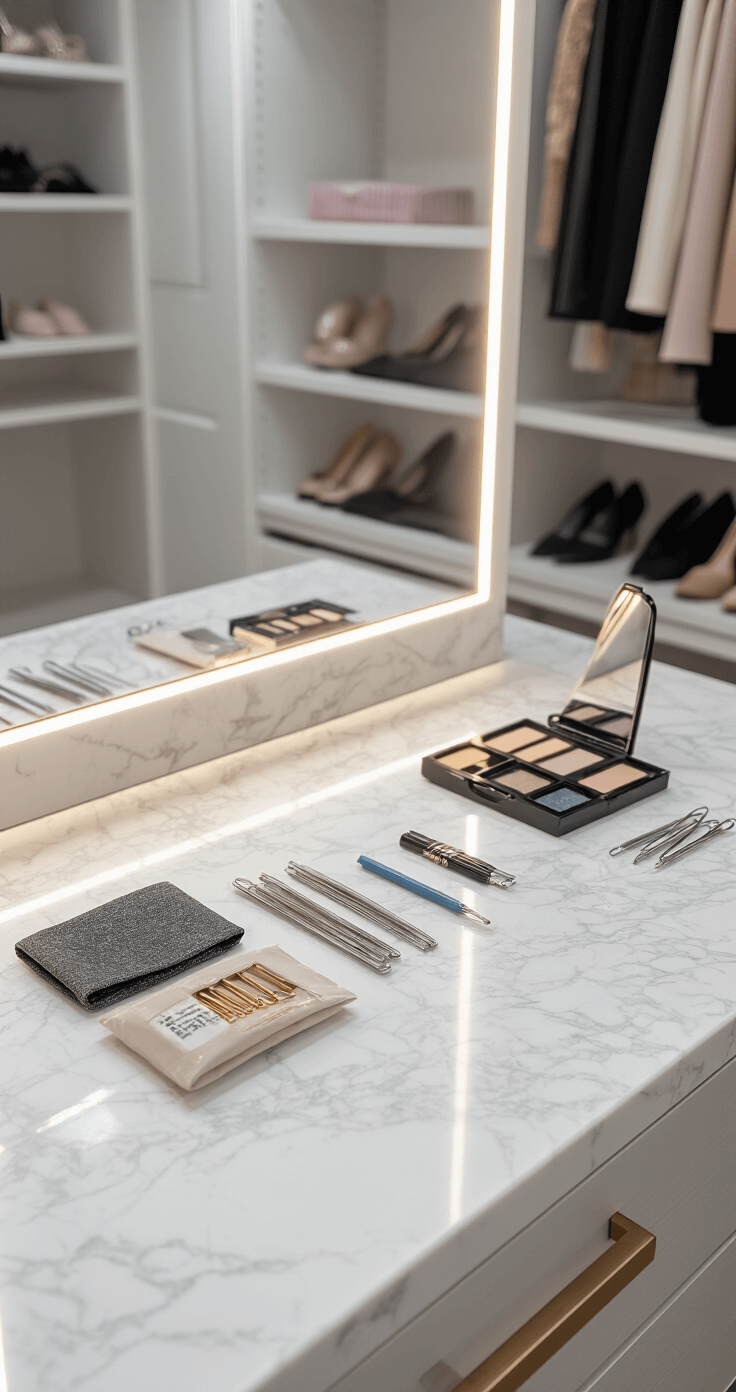 10 Quick and Easy Halloween Costumes Using Your Closet A contemporary walk-in closet featuring soft LED lighting, with a neatly organized costume emergency kit displayed on a white marble island, including safety pins, fashion tape, a mini sewing kit, and basic makeup essentials, captured in a professional flat-lay composition emphasizing quality materials.