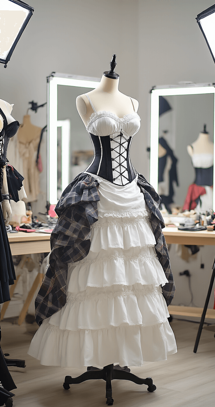 A modern cosplay studio featuring a well-organized workspace with costume pieces and accessories, focused on a dress form showcasing a white base dress layered with a corset and multiple skirts, all enhanced by professional soft box lighting that highlights the texture and fabric combinations.
