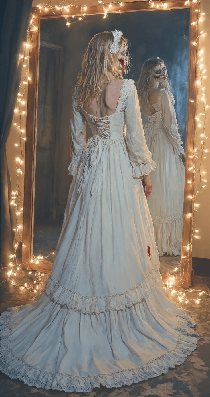10 Quick and Easy Halloween Costumes Using Your Closet A cozy Bohemian-style bedroom illuminated by warm string lights, featuring a vintage prom dress in the process of transformation into a zombie bride outfit. The scene captures a woman striking a pose, with her reflection in a vanity mirror showcasing both the front and back of the dress. Moody evening lighting enhances the costume's dramatic details.