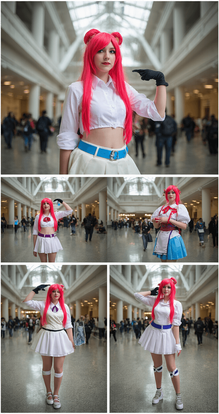A female cosplayer in a vibrant convention center showcases the transformation of a basic white shirt and skirt into an elaborate character costume, with dramatic architectural elements in the background. The image captures multiple angles of her step-by-step process of toggling and layering the outfit.