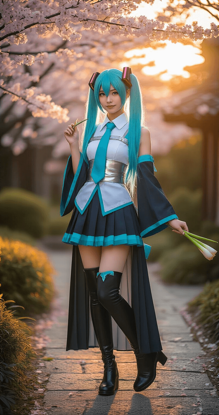 The Ultimate Hatsune Miku Cosplay: From Beginner to Pro Cosplayer in a premium Hatsune Miku costume posing in an urban Japanese-inspired garden at golden hour, holding a traditional leek prop, with cherry blossoms in the blurred background.
