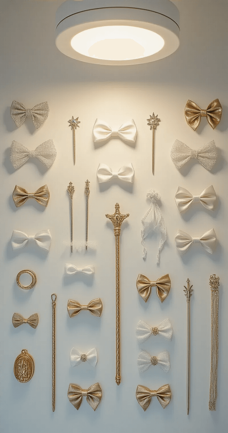 Close-up shot of a minimalist dressing room featuring a flat lay composition of intricate costume accessories, including hair clips, magical wands, and bows, illuminated by soft overhead lighting that highlights their metallic details and textures.