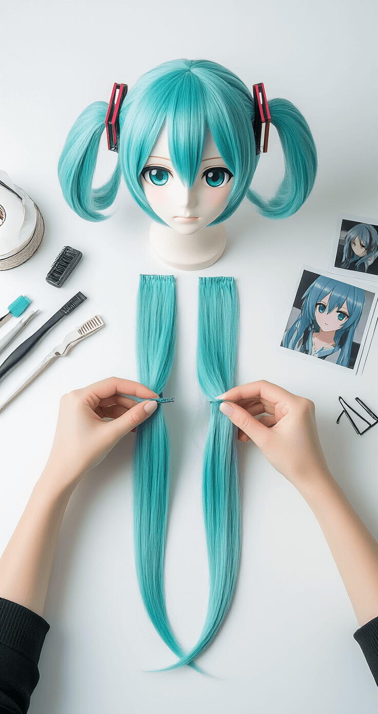 The Ultimate Hatsune Miku Cosplay: From Beginner to Pro Close-up of hands styling a professional Miku wig on a mannequin, highlighting the process of shaping twintails, with styling tools and reference photos arranged on a clean white workspace under soft, even lighting.