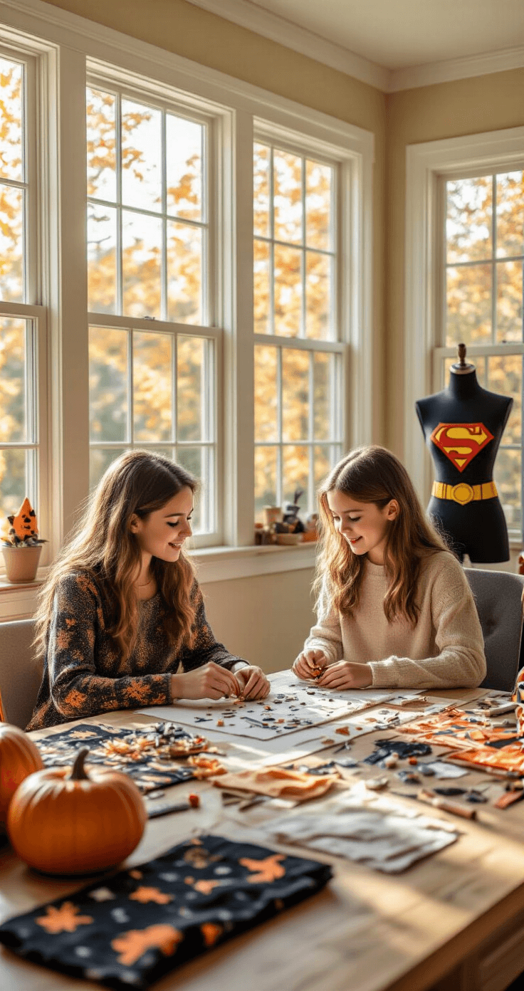 Family Halloween Costumes: Your Ultimate Guide to Creating Magic Together A warm, cozy craft room filled with natural light, featuring a mother and daughter at a DIY station surrounded by Halloween costume materials, including sparkly fabrics and sewing supplies. The workspace is organized with craft tools, a Halloween costume basics kit, and pattern pieces, while soft cream walls and autumn-themed decorations create a homey atmosphere. A dress form displays a half-finished superhero costume in the corner.