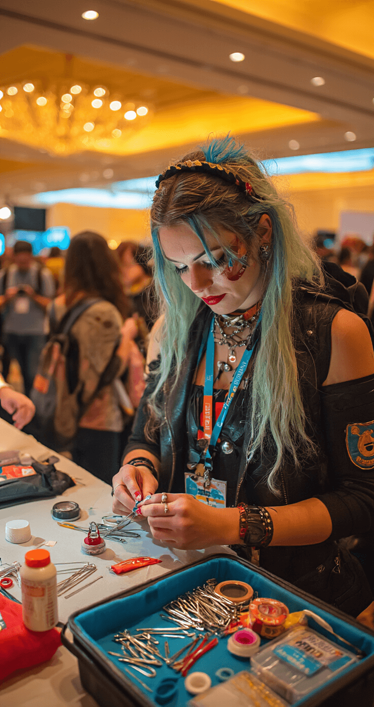 A cosplayer makes last-minute adjustments with an emergency repair kit, featuring safety pins, double-sided tape, and a mini sewing kit, while surrounded by fellow attendees in a warmly lit convention center atmosphere.