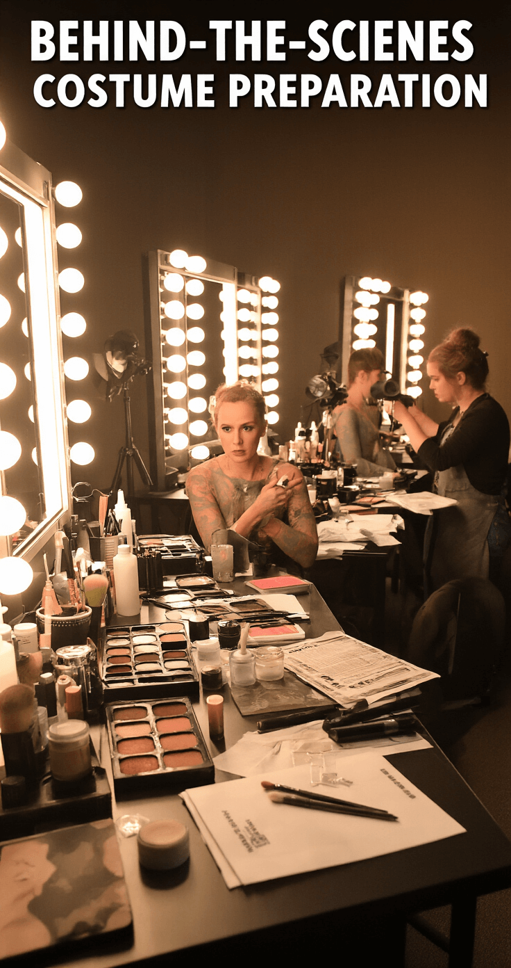 The Ultimate Guide to Cosplay Makeup: From Basics to Pro Techniques A wide shot of a behind-the-scenes costume preparation area bathed in warm ambient lighting, showcasing the complete makeup transformation process. The image features organized stations with character-specific products, reference materials, and application tools, captured in a documentary style that highlights the authentic creative process with visible before and after sections.