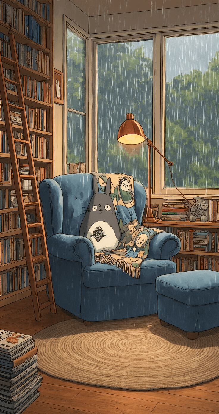 Anime Bedroom Makeover: Transform Your Space into an Otaku Paradise Cozy anime reading nook featuring a floor-to-ceiling manga library with a rolling ladder, an oversized dusty blue velvet chair draped with a Studio Ghibli blanket, and a warm copper floor lamp, all highlighted by raindrops on the window creating a soft bokeh effect.
