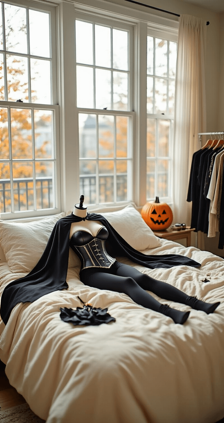 A cozy apartment interior with soft afternoon light filtering through large windows, showcasing a fashionable Halloween costume laid out on a plush cream bedspread. The costume features layers including a comfortable black bodysuit, a structured corset, a flowing cape, and various accessories. A nearby clothing rack displays a mix of everyday pieces and costume elements, all captured from above to highlight the layering strategy.