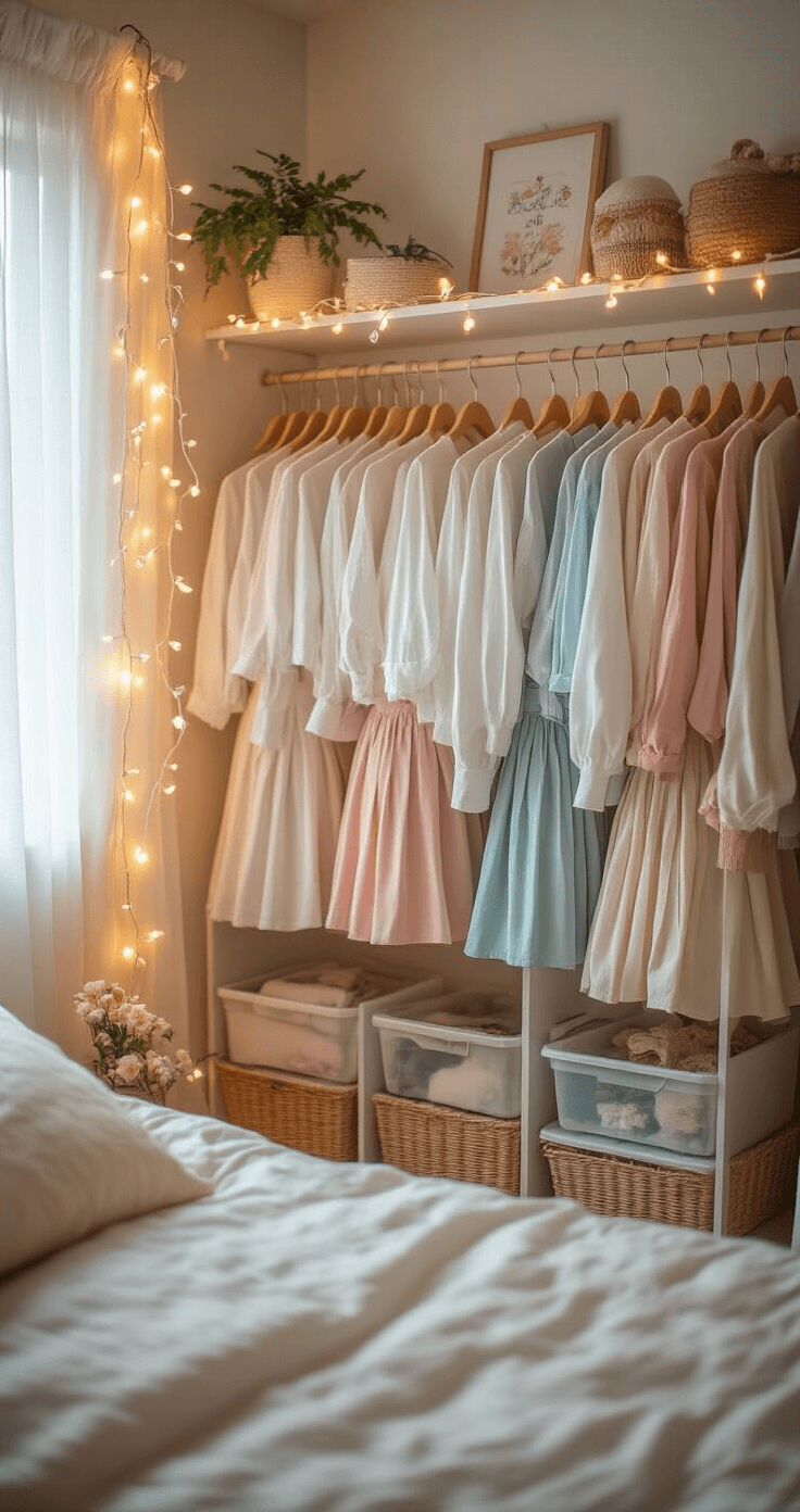 A cozy bedroom featuring pastel décor and fairy lights, showcasing a well-organized cosplay wardrobe with essential pieces like white shirts, skirts, sleeve variations, and accessories arranged by color, illuminated by natural window light and warm ambient lighting.