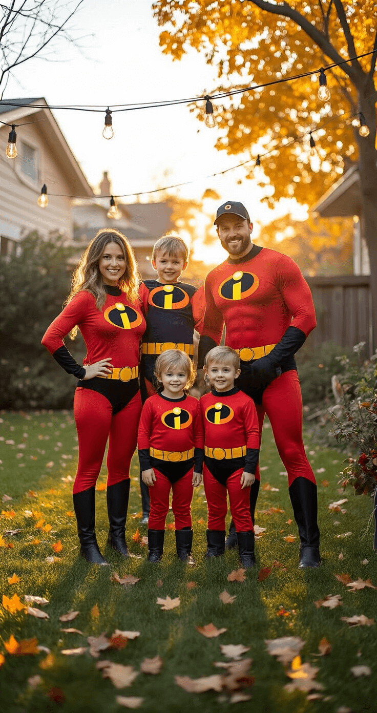 Family Halloween Costumes: Your Ultimate Guide to Creating Magic Together A family of four in coordinated Incredibles costumes poses in a suburban backyard during golden hour, with string lights illuminating their silhouettes against the sunset. Portable lighting highlights their detailed costumes. Fall leaves scatter on the lawn, and a 'super' family photo board adds to the scene as they strike playful action poses.