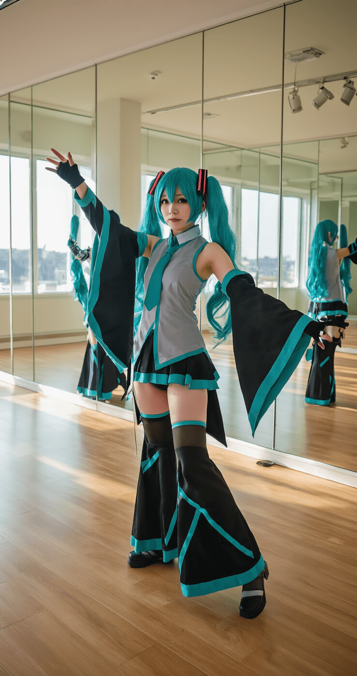 The Ultimate Hatsune Miku Cosplay: From Beginner to Pro A cosplayer practicing Miku poses in a contemporary dance studio with mirrored walls and wooden floors, illuminated by natural light. The costume captures essential design elements, while professional lighting equipment is reflected in the mirrors.