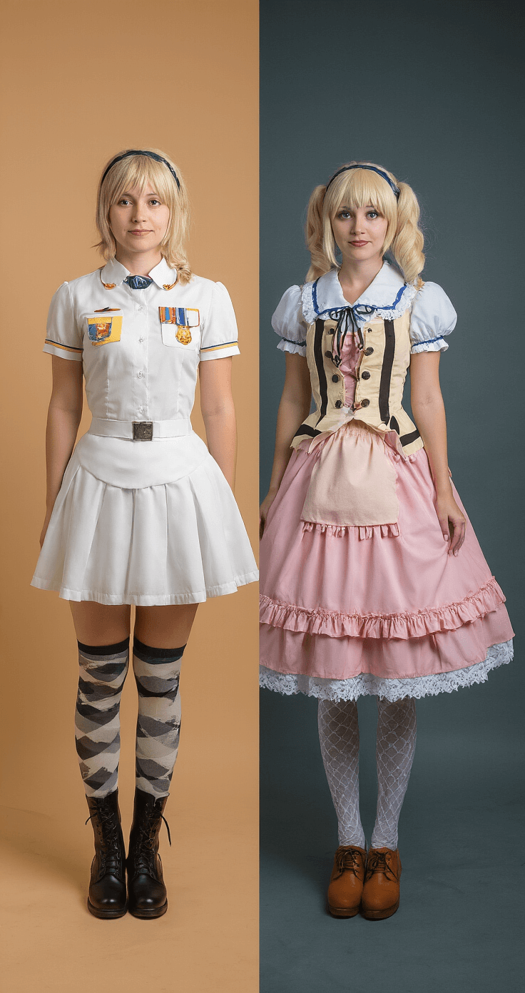 Professional photo studio showcasing a split-screen before/after transformation of cosplay outfits, featuring simple uniform items on the left and elaborate layered creations with petticoats and custom stockings on the right, illuminated by soft fill and rim lights for detailed clarity.