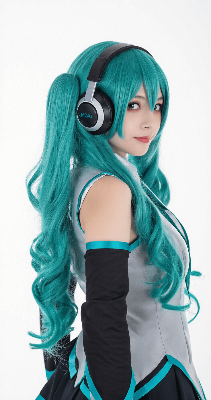 The Ultimate Hatsune Miku Cosplay: From Beginner to Pro A cosplayer in a licensed Miku costume poses in a professional photography studio with a seamless white backdrop, showcasing detailed headphones, arm warmers, and vibrant teal accents, enhanced by clean studio lighting.