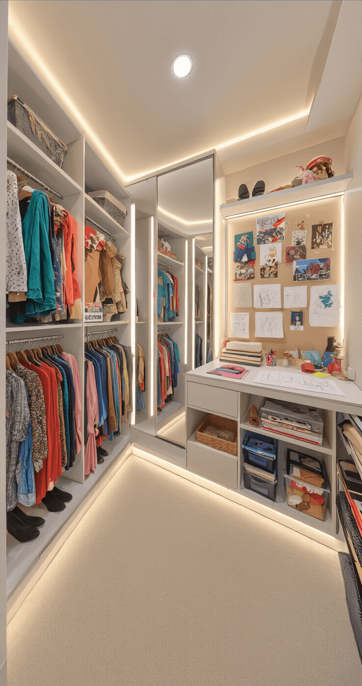 Family Halloween Costumes: Your Ultimate Guide to Creating Magic Together Bright and organized walk-in closet featuring floor-to-ceiling mirrors, color-sorted costume racks, neatly arranged basic costume accessories on floating shelves, a mood board of family costume inspiration photos, and a workspace with fabric swatches and sketch papers, all illuminated by warm LED lighting.