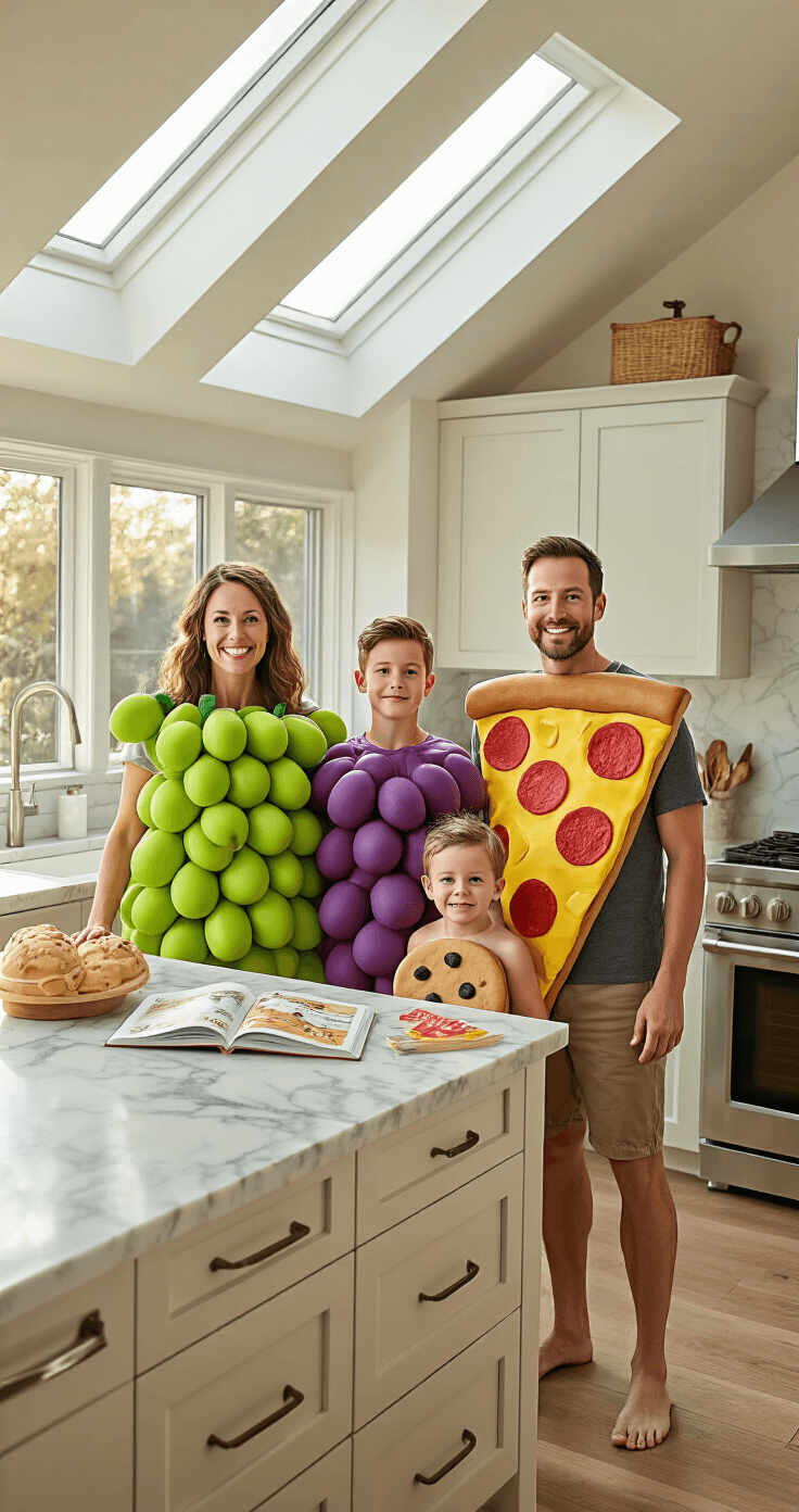 Family Halloween Costumes: Your Ultimate Guide to Creating Magic Together A family in a modern kitchen poses for a whimsical photo, with the mother dressed as a bunch of grapes, the father as a slice of pizza, and the kids as cookies and milk. Bright mid-morning light floods in through skylights, illuminating the marble countertops and their handmade costumes, while an open recipe book and craft supplies are scattered nearby.