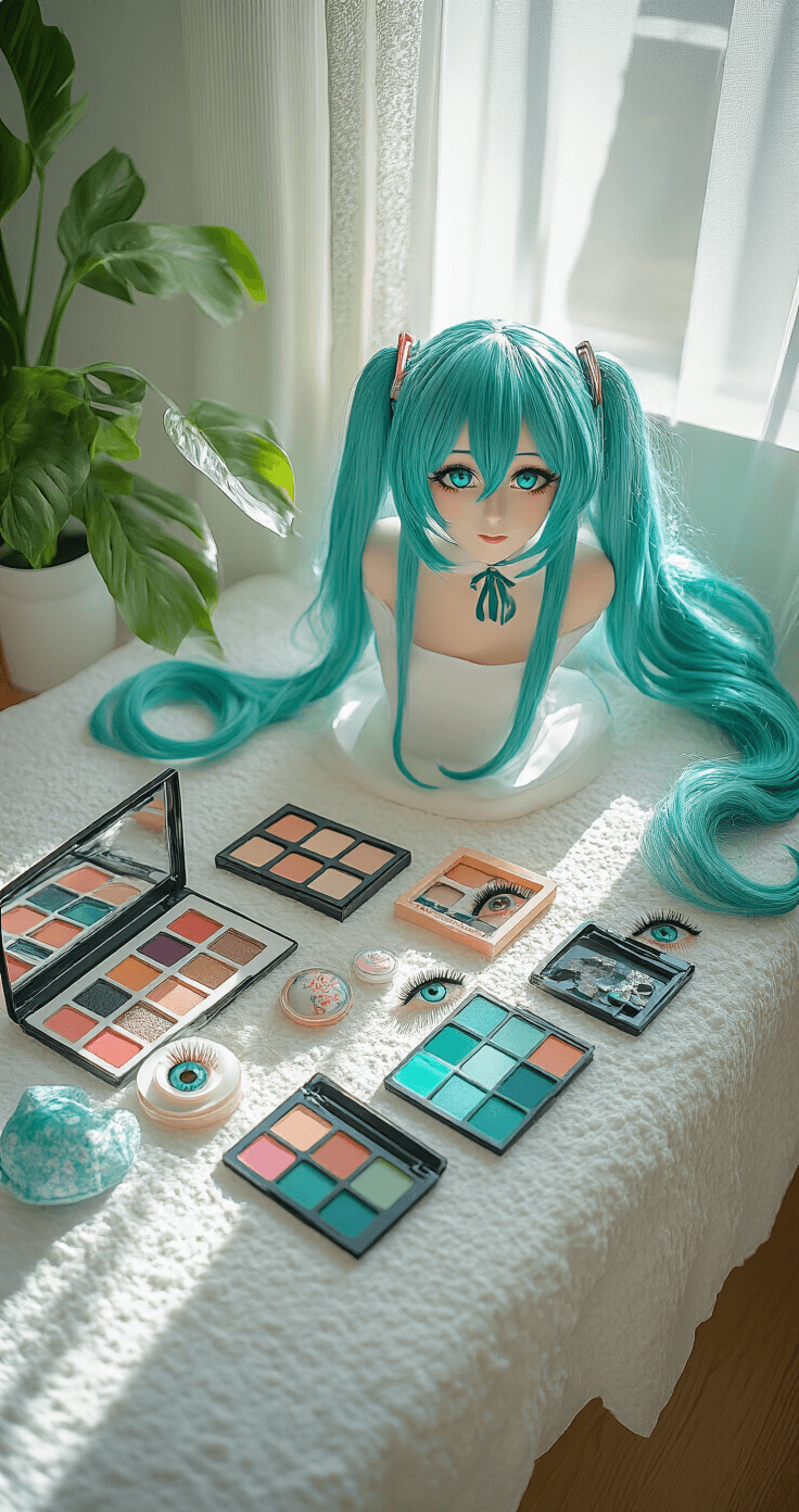 The Ultimate Hatsune Miku Cosplay: From Beginner to Pro A flatlay of Miku cosplay essentials includes a high-quality teal wig, a makeup palette with teal shades, false lashes, colored contacts in their case, and various costume accessories, all arranged on a white textured surface, illuminated by soft afternoon light from a window.