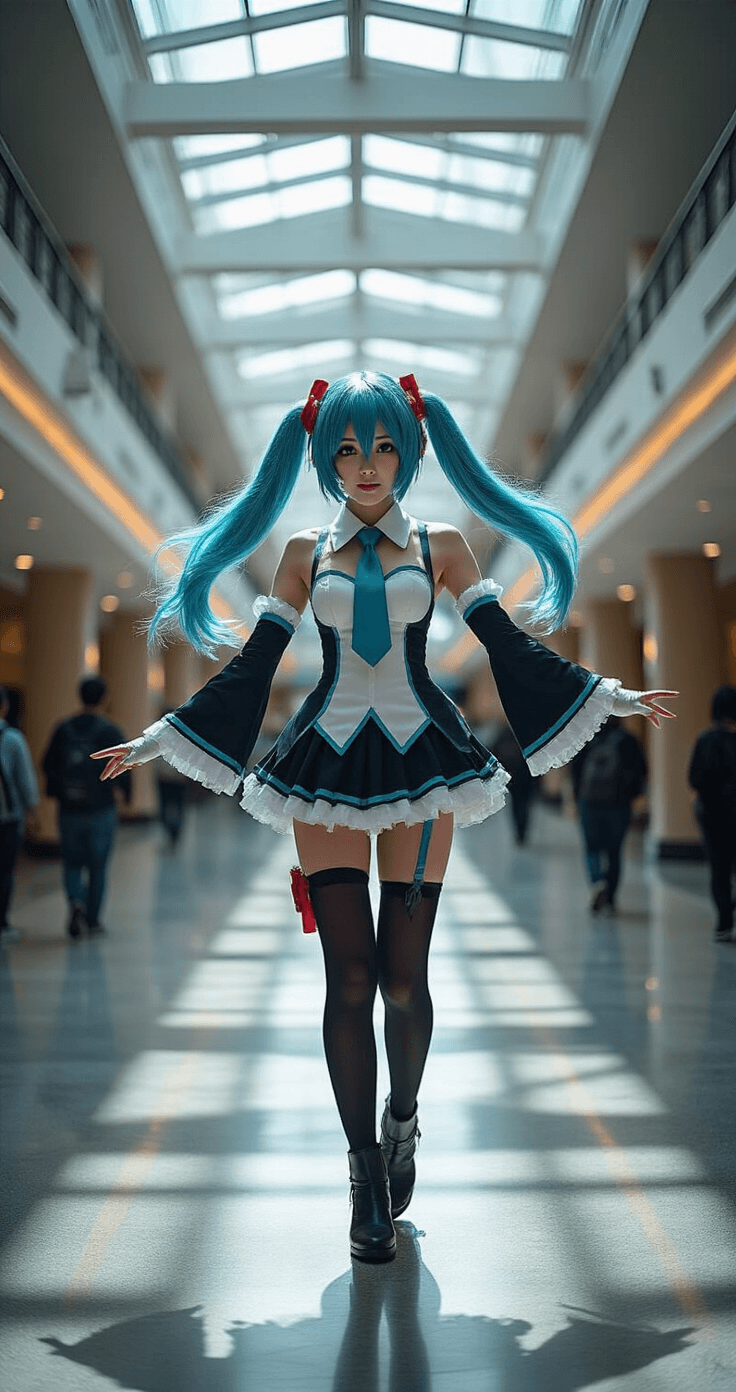 The Ultimate Hatsune Miku Cosplay: From Beginner to Pro A dynamic Miku cosplayer mid-performance in a modern convention center hallway, showcasing her flowing costume and twintails, with dramatic shadows and highlights from professional lighting, captured in a wide-angle perspective that emphasizes the grandeur of the space.