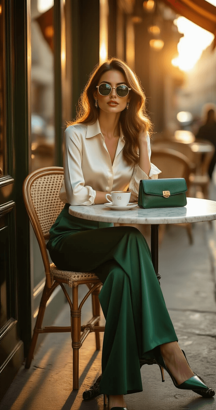 A chic professional woman in forest green silk wide-leg trousers and an ivory silk blouse sits at a round marble bistro table on a Parisian cafe terrace during golden hour, with her emerald leather clutch, vintage sunglasses, and espresso cup, all softly illuminated by warm sunset light.