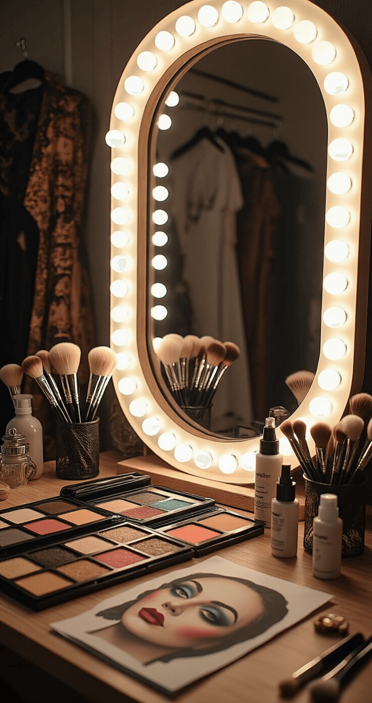 Family Halloween Costumes: Your Ultimate Guide to Creating Magic Together A vintage-style bedroom with a vanity setup illuminated by soft ring lights, showcasing a close-up of Halloween makeup testing with breathable costume fabric samples and face paint palettes. Organized makeup brushes and setting sprays enhance the professional staging, while a full-length mirror reflects neatly hung costume options.