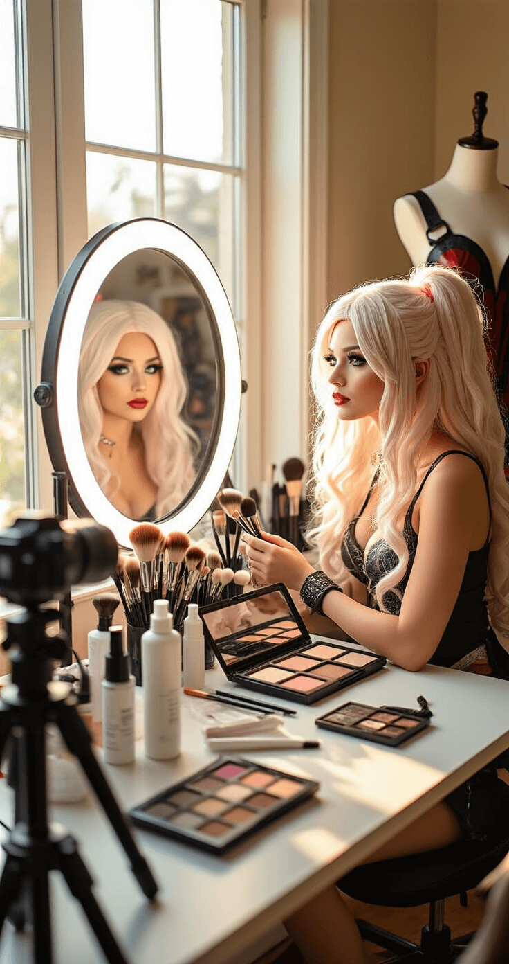 A cosplayer prepares in a cozy home studio, with warm afternoon light illuminating a well-organized vanity adorned with makeup brushes, costume wigs, and precise tools. An open makeup palette and setting sprays are arranged on a clean surface. A professional camera on a tripod reflects in the vanity mirror, while an elaborate costume hangs on a dress form in the background.