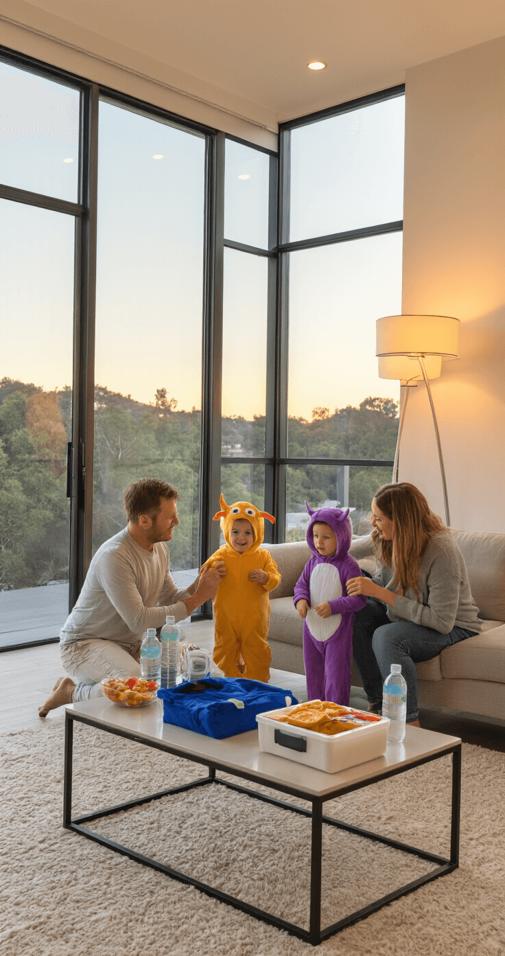 Family Halloween Costumes: Your Ultimate Guide to Creating Magic Together A contemporary living room at magic hour, featuring parents assisting young children in trying on classic monster costumes. Large windows provide natural backlighting, while warm floor lamps create an inviting atmosphere. A sleek coffee table holds a costume repair kit, healthy snacks, and water bottles.