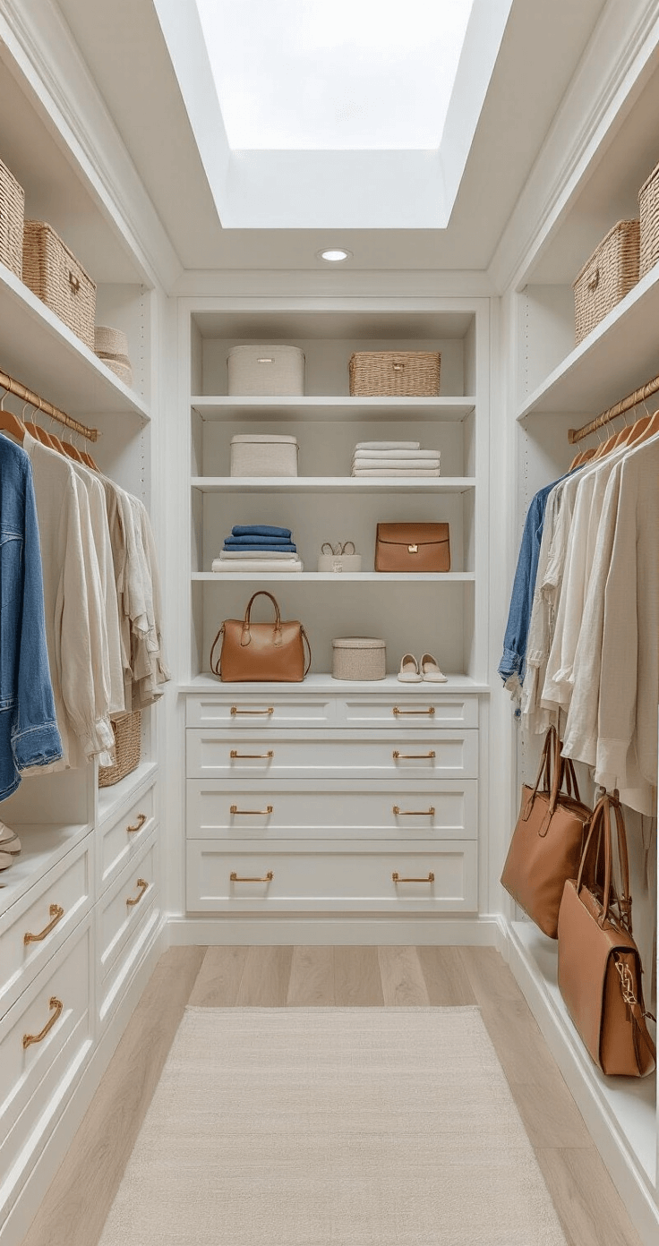 Bright and airy walk-in closet with custom white cabinetry, featuring a fashion blogger arranging a capsule wardrobe of neutral linen pieces, classic denim, and muted silk blouses, illuminated by natural light from a skylight; structured leather bags and minimal jewelry displayed on floating shelves, with a wide-angle view capturing the organized space and styling details.